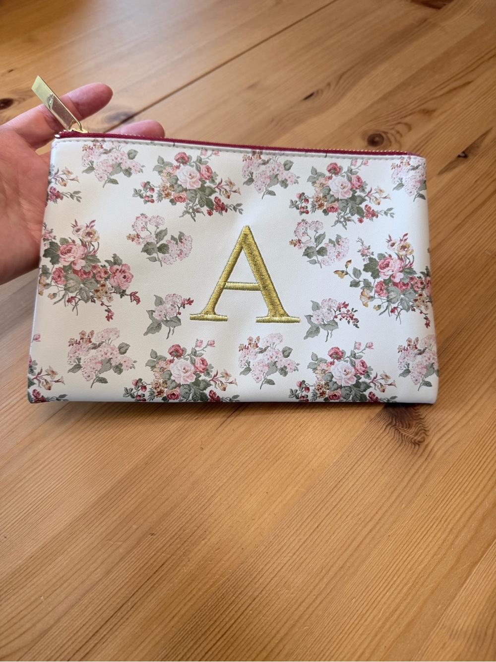 Laura Ashley Cream Floral Cosmetic Pouch with Gold 'A' Monogram
